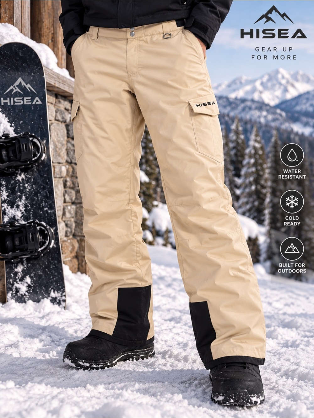 HISEA Men’s Beige Cargo Snow Pants - Water-Resistant Outdoor